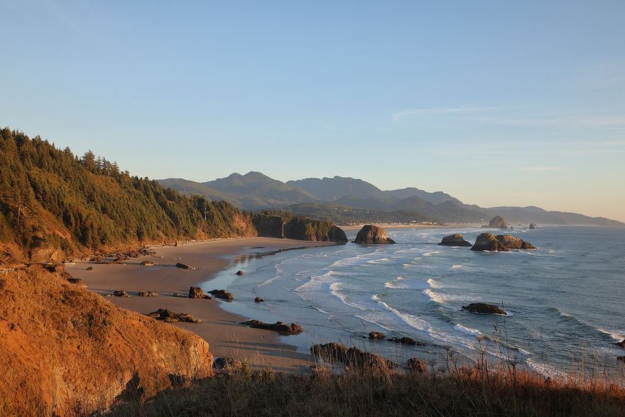 Haystack Rock and the coastline at Cannon Beach, Oregon
