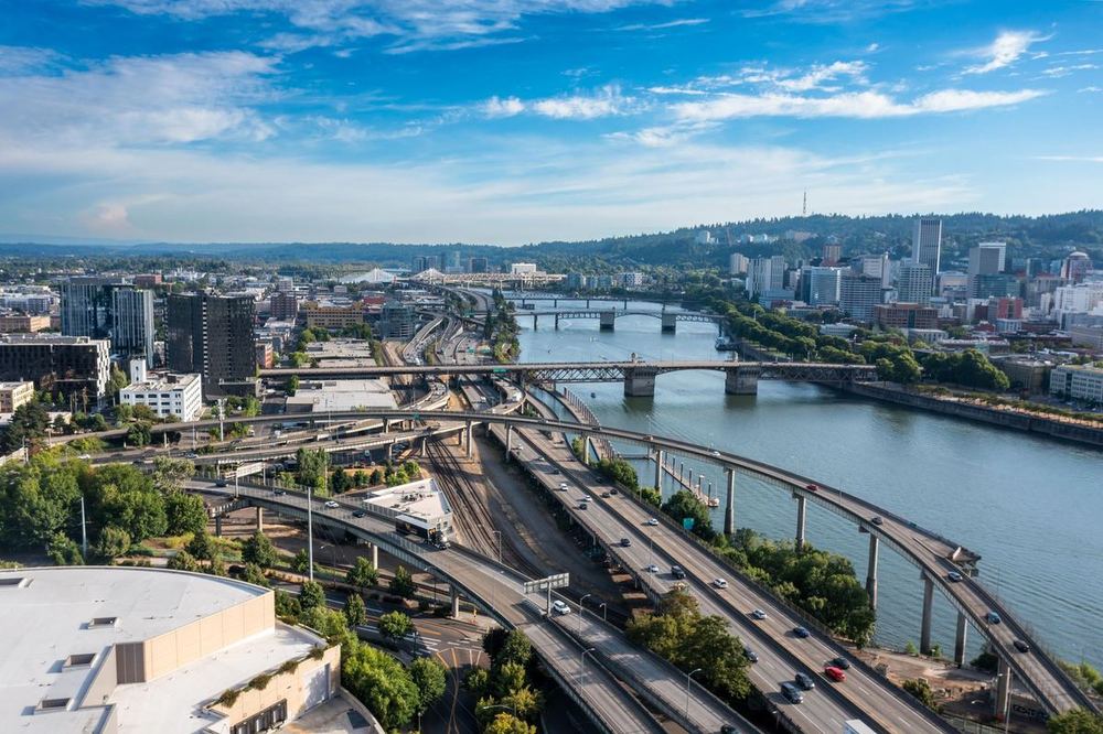 Aerial view of the Willamette River and downtown Portland skyline